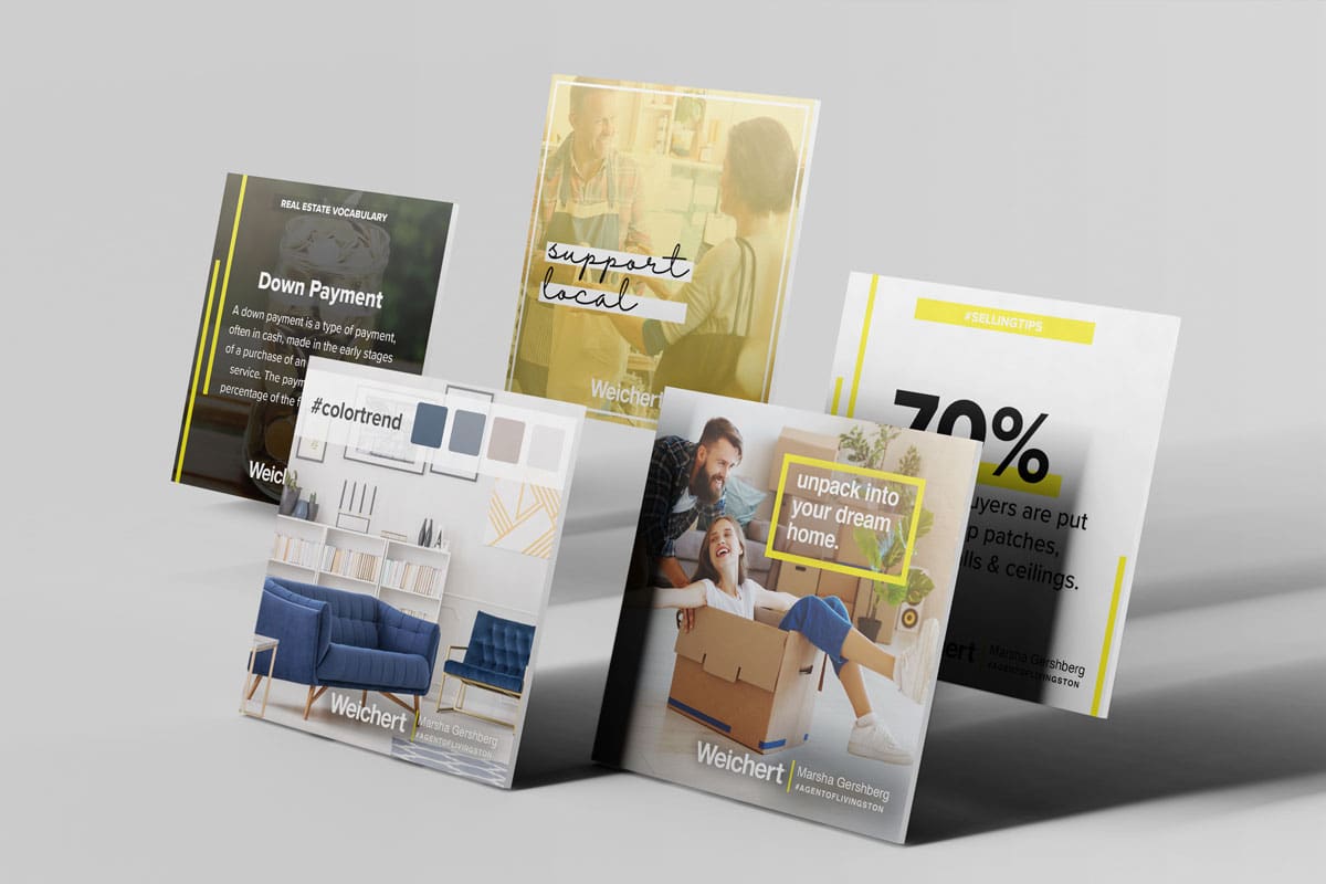 Branded social media graphic designs displayed as marketing cards showcasing custom visual content and brand messaging