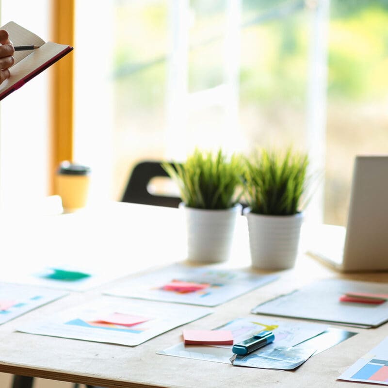Marketing strategist reviewing branding materials and campaign plans at a desk