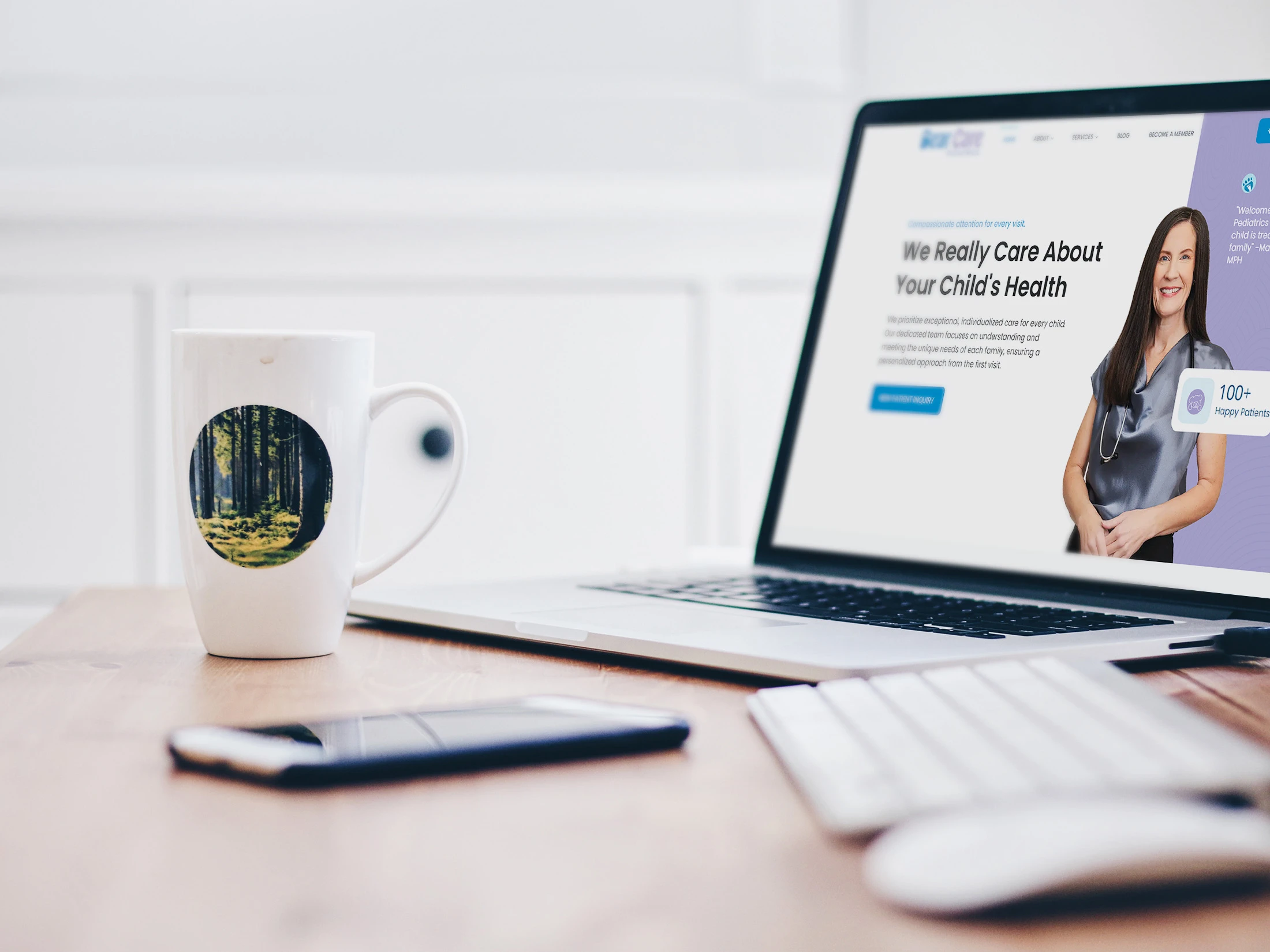 Pediatric healthcare website displayed on laptop with doctor profile and patient-focused messaging