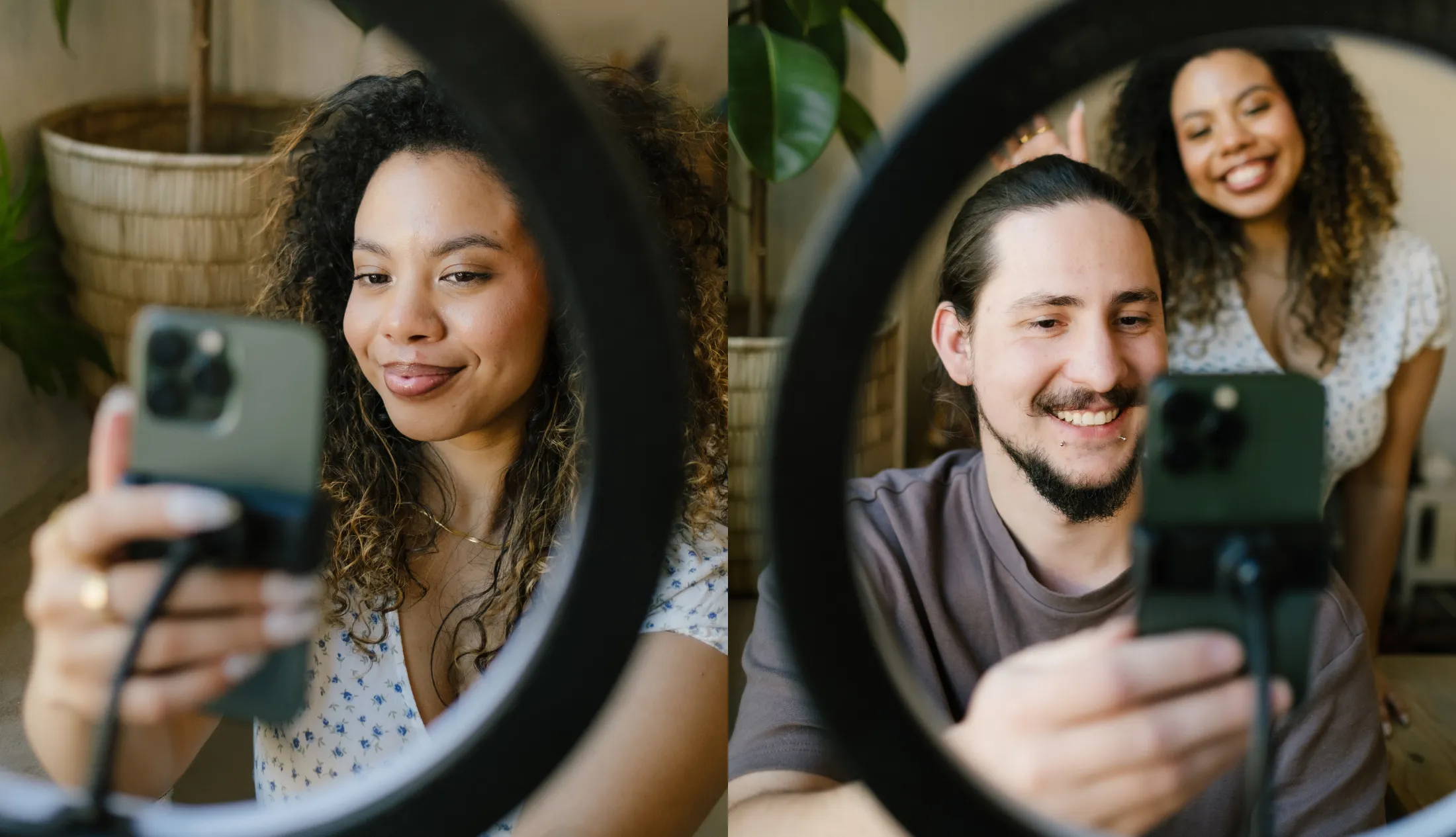 Two images side by side. On the left, Inhouse Designer, Talana , taking a selfie on a Light stand. On the Right, Jnr Social Media Manager Jacques, also taking a selfie on a light stand with Talana in the background. Both of them trying to master the Social Media algorithms