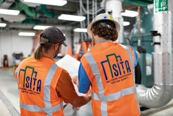 Two construction professionals wearing safety vests review plans inside a mechanical room during HVAC testing and inspection