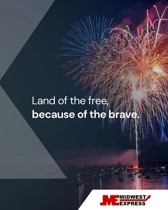 Fireworks over a waterfront with text honoring the brave on Independence Day