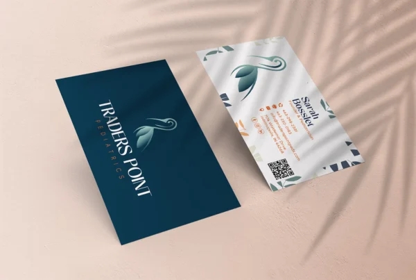 Traders Point Pediatrics business card design showing front and back with logo and contact details