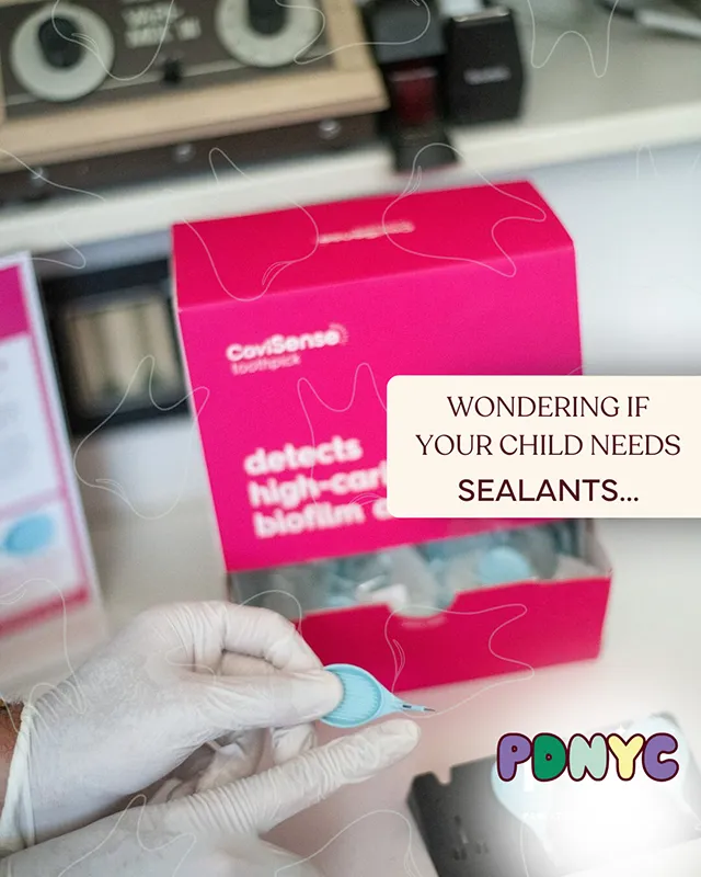 Pediatric dentist holding a dental sealant material with text asking if a child needs sealants