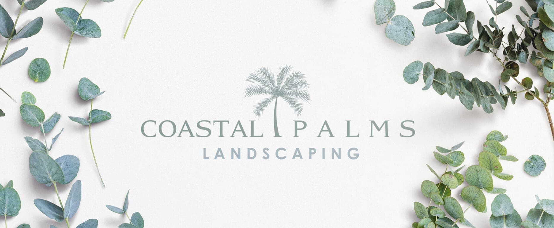 Coastal Palms Landscaping logo framed by eucalyptus greenery on a light background