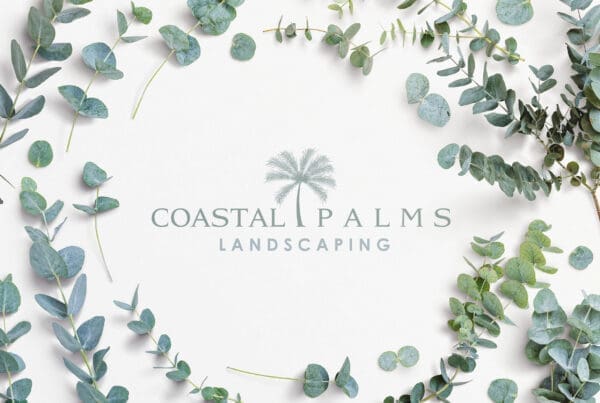Coastal Palms Landscaping logo framed by eucalyptus greenery on a light background