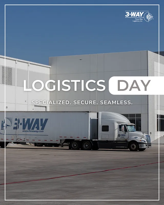 Three Way Logistics Day warehouse and transportation operations Three Way Logistics semi truck parked outside a modern warehouse on Logistics Day