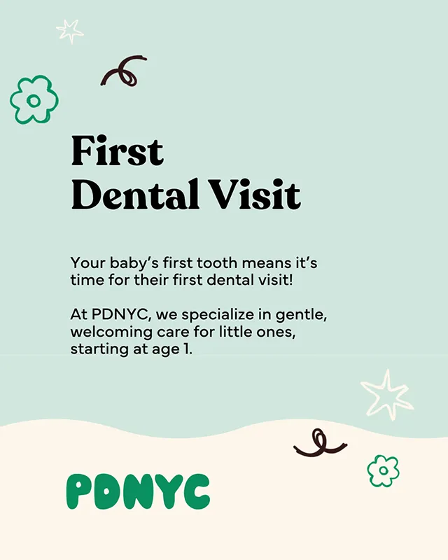 Graphic explaining a baby’s first dental visit with text about starting dental care at age one