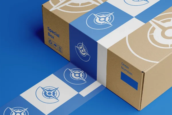 Branded cardboard shipping box with custom blue tape featuring a compass-style logo on a blue background